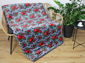 Koc wełniany z polarem RÓŻE NA SZAROŚCI