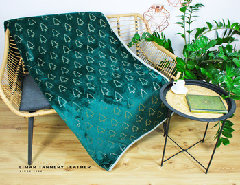 Koc wełniany z polarem ZŁOTE CHOINKI NA BUTELKOWEJ ZIELENI