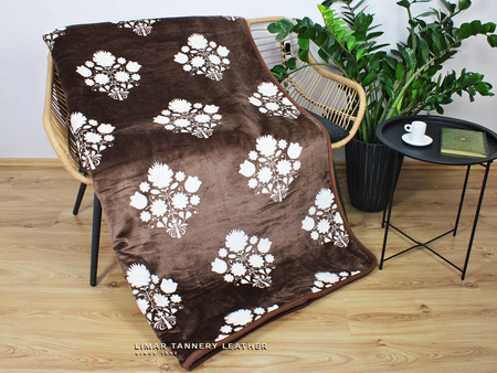 Koc wełniany z polarem FOLKOWY śmietankowy na brązie