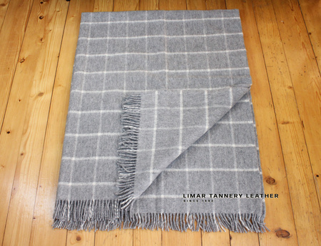 Koc wełniany z frędzlami szara kratka