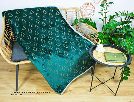 Koc wełniany z polarem ZŁOTE CHOINKI NA BUTELKOWEJ ZIELENI