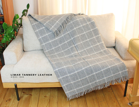 Koc wełniany z frędzlami szara kratka