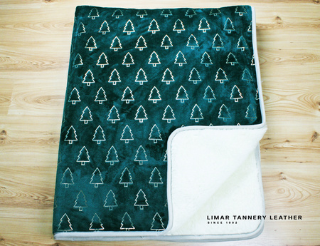 Koc wełniany z polarem ZŁOTE CHOINKI NA BUTELKOWEJ ZIELENI