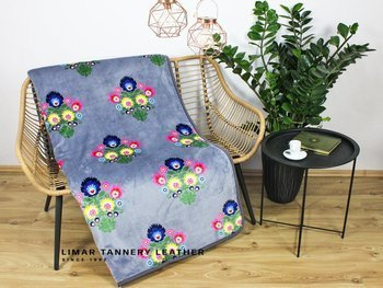 Koc wełniany z polarem KOLOROWE KWIATY NA SZARYM TLE