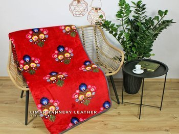 Koc wełniany z polarem KOLOROWE KWIATY NA CZERWONYM