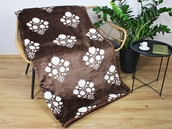 Koc wełniany z polarem FOLKOWY śmietankowy na brązie