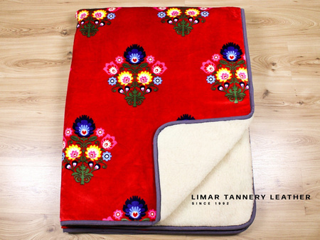 Koc wełniany z polarem KOLOROWE KWIATY NA CZERWONYM