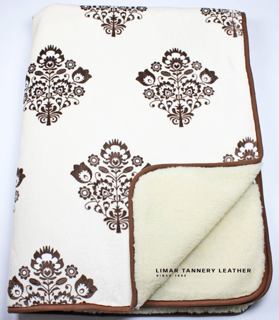 Koc wełniany z polarem FOLKOWY brąz na śmietance