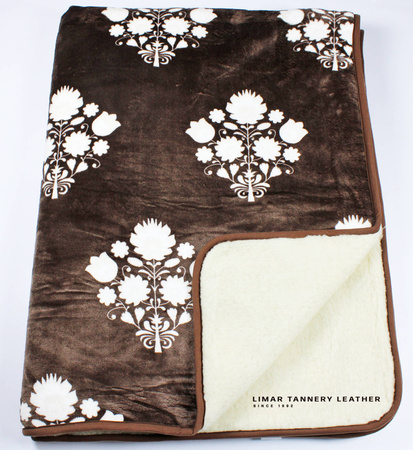 Koc wełniany z polarem FOLKOWY śmietankowy na brązie